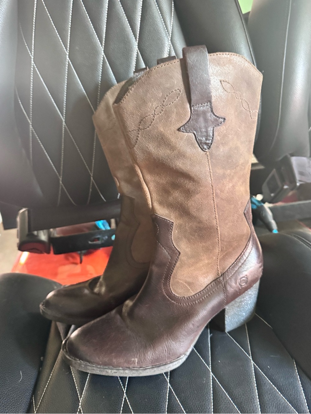 Born Two-Tone Brown Suede & Leather Western Heeled Boots - Picture 2 of 11